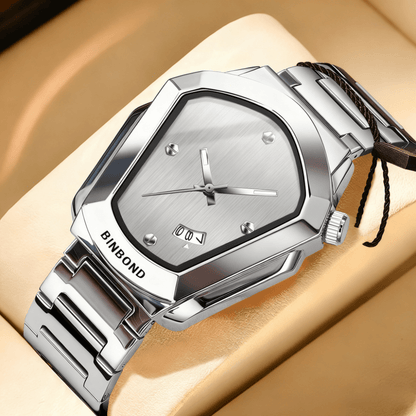 Men's Minimalist Quartz Watch with Irregular Dial & Calendar - Slim Business Wristwatch Alloy Case Metal Strap for Men, Office Casual Daily Wear, Birthday & Gift