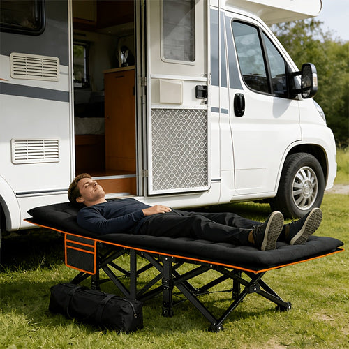 Heavy Duty Folding Bed with Optional Mattress up to 630 LBS – Portable Camping Cot with Multi-Leg Support, Side Pockets & Pillow, 59–77 Inch All Season Guest Napping Bed Space Saving