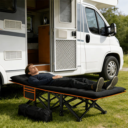 Heavy Duty Folding Bed with Optional Mattress up to 630 LBS – Portable Camping Cot with Multi-Leg Support, Side Pockets & Pillow, 59–77 Inch All Season Guest Napping Bed Space Saving