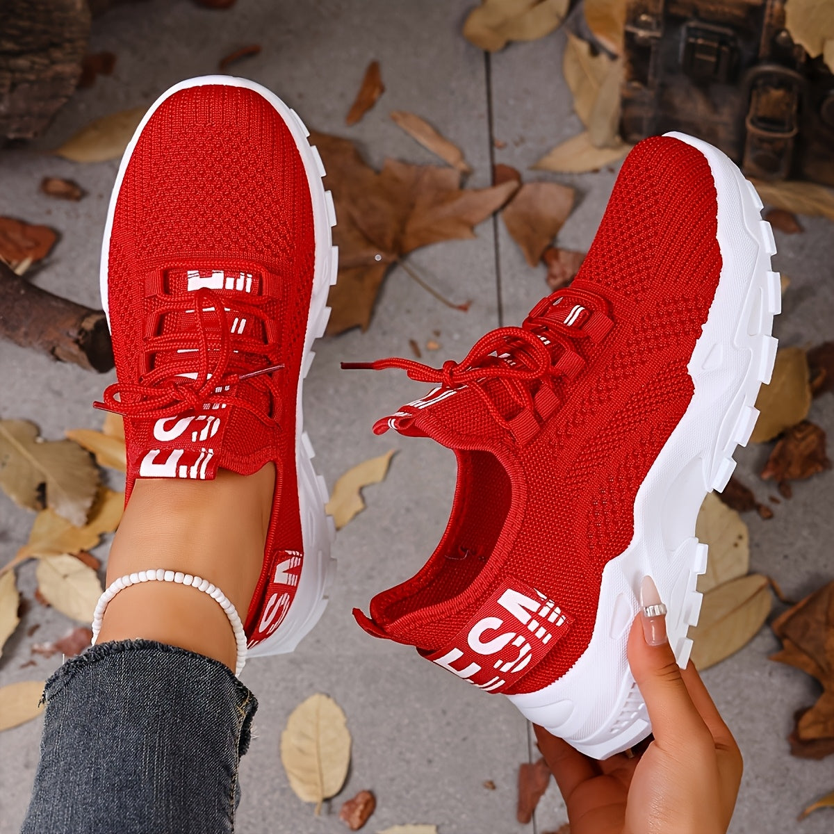 Women's Breathable Mesh Sneakers Low-Top Lace-Up – Lightweight Non-Slip TPR Sole Running & Casual Shoes for Gym, Walking & Everyday Wear, Black, Khaki & Red, US Sizes 2.5–10.5