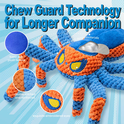 Squeaky Spider Dog Toy for Large Dogs – Interactive Crinkle Tug of War Plush Puppy Toy with Squeaker Head & Crinkle Legs, Keeps Dogs Busy for Hours, No Battery Needed, Blue & Red Spider