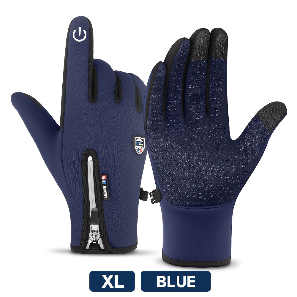 Windproof Waterproof Winter Sports Gloves with Touchscreen & Anti-Slip Grip – Warm Cycling Skiing Gloves for Men & Women, 100% Polyester, Zipper Closure, Sizes M-XL