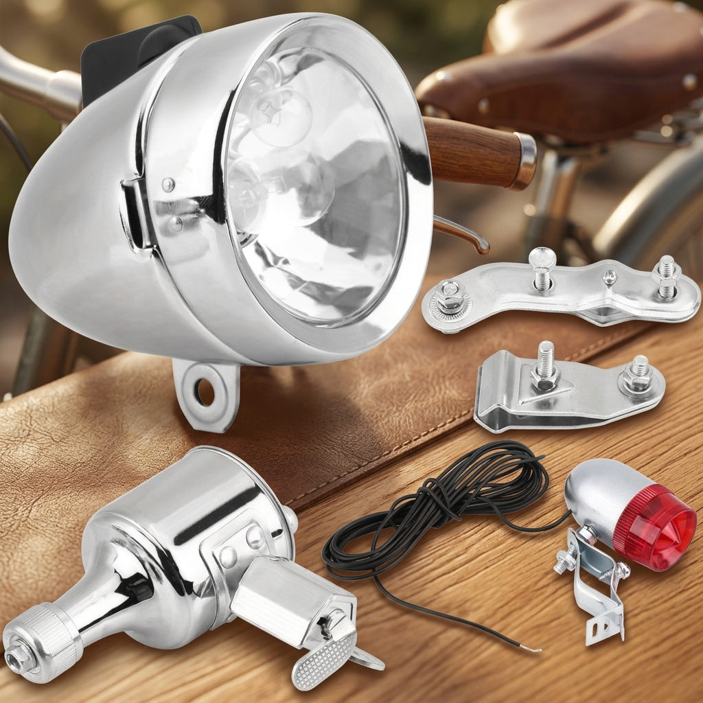 Bicycle Dynamo Headlight & Tail Light Kit 12V 6W Friction Generator – No Battery Needed, Fits Mountain Bike, Road Bike, BMX, Folding Bike, Kids Bike & More, Silver