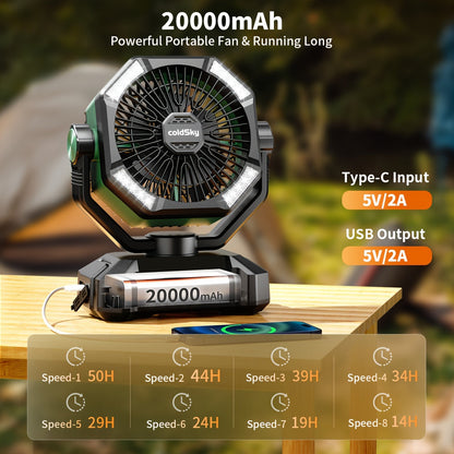 20000mAh Camping Fan with Dual Motor – Battery Operated Portable Fan with 4 LED Lantern Modes, 8 Speeds & Remote Control, Hanging Hook for Tent, Power Outages & Jobsite Use