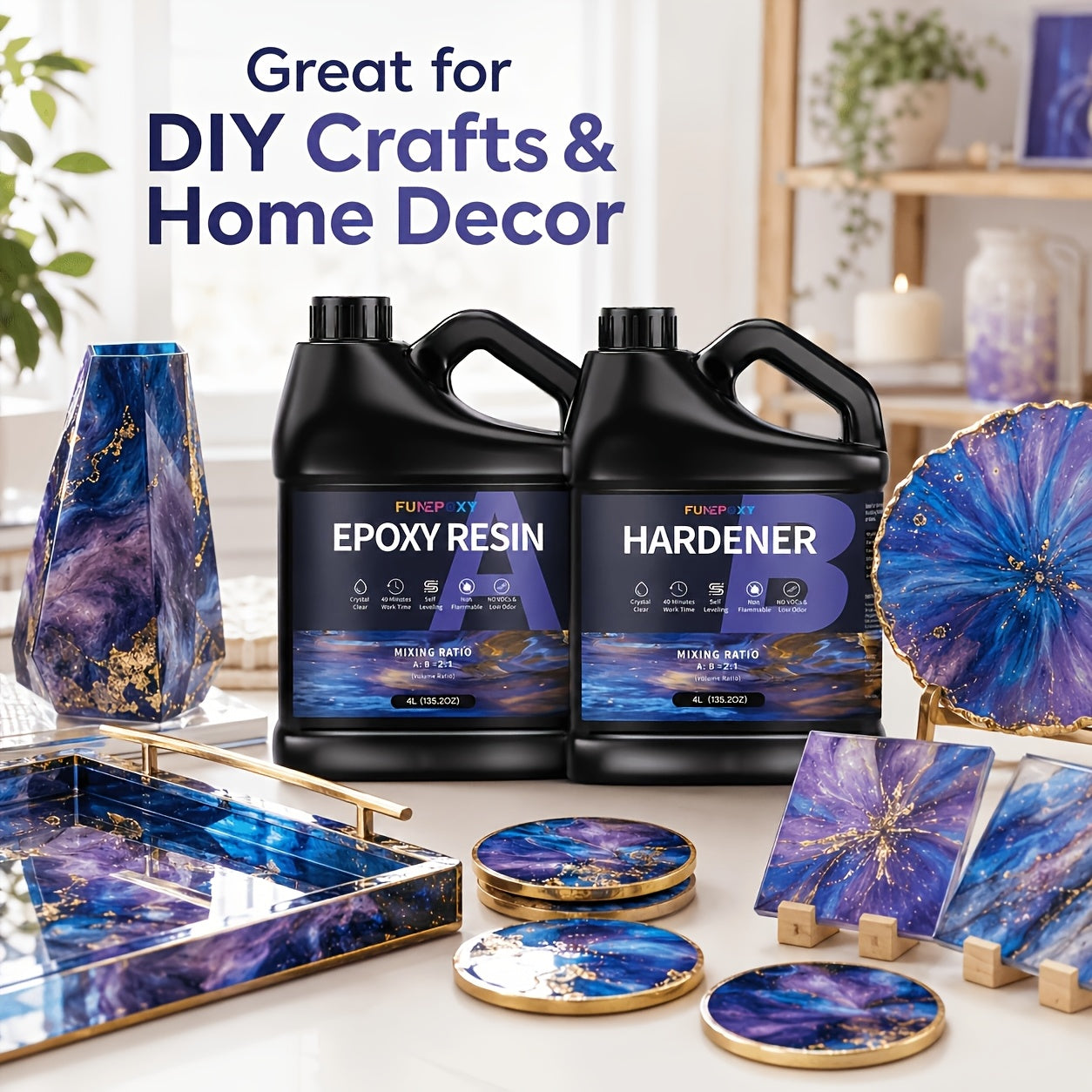 FUNEPOXY Crystal Clear Epoxy Resin Kit 1:1 Self-Leveling High-Gloss Finish for Tabletop Bar Top Live Edge Tables Casting Resin Art Jewelry Making 16oz 32oz 64oz 1 Gallon 2 Gallon