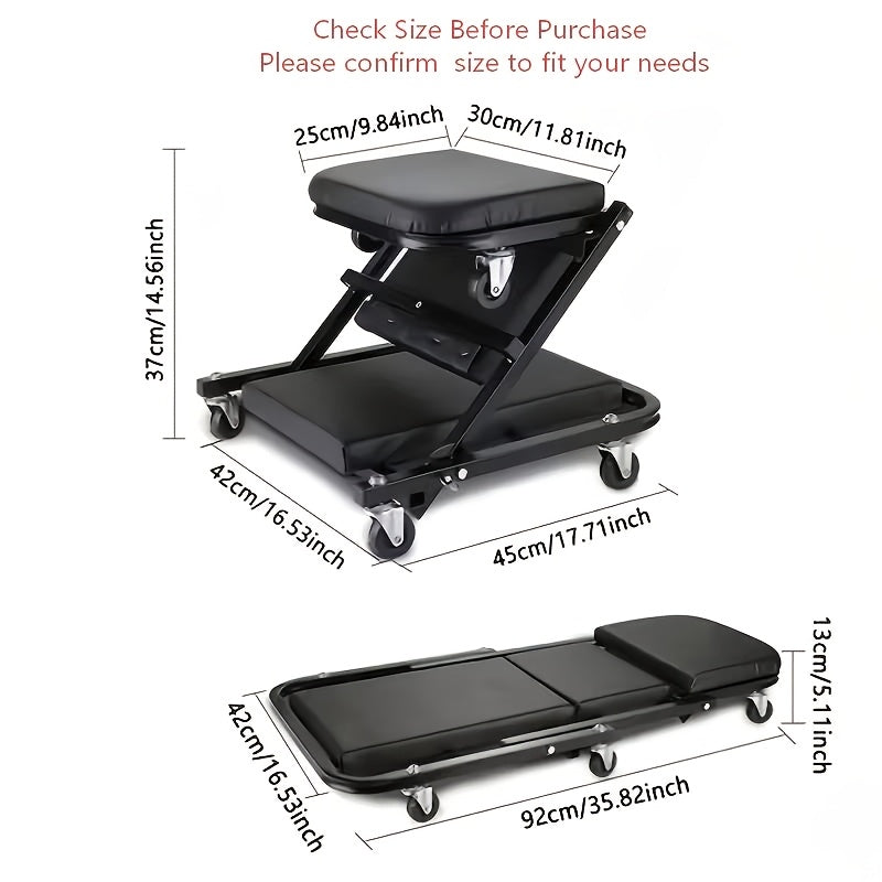 Mechanic Creeper Stool Z-Shape | Foldable 3-in-1 Crawler, Non-Foldable & Sliding Stool | 300LB Capacity, 6 Swivel Casters, Thick Padded Cushion – Garage Rolling Seat, Gift for Men – Red & Grey