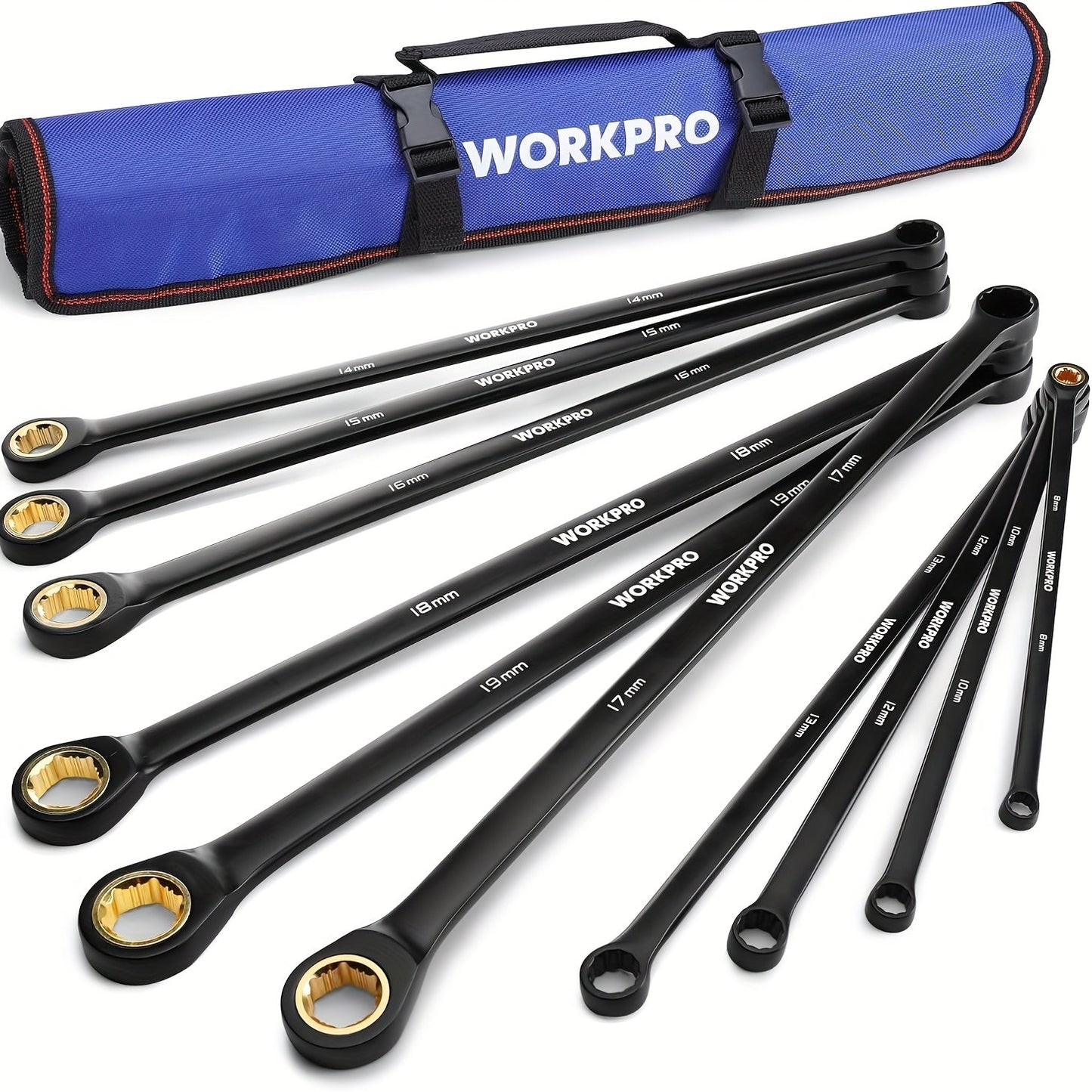 WORKPRO 10pc Extra Long Ratcheting Wrench Set – Anti-Slip Double Box Wrenches Metric 8-19mm, 72-Teeth Cr-V Steel, Black Electrophoretic Coating, Rolling Pouch Included, Professional Hand Tool Kit