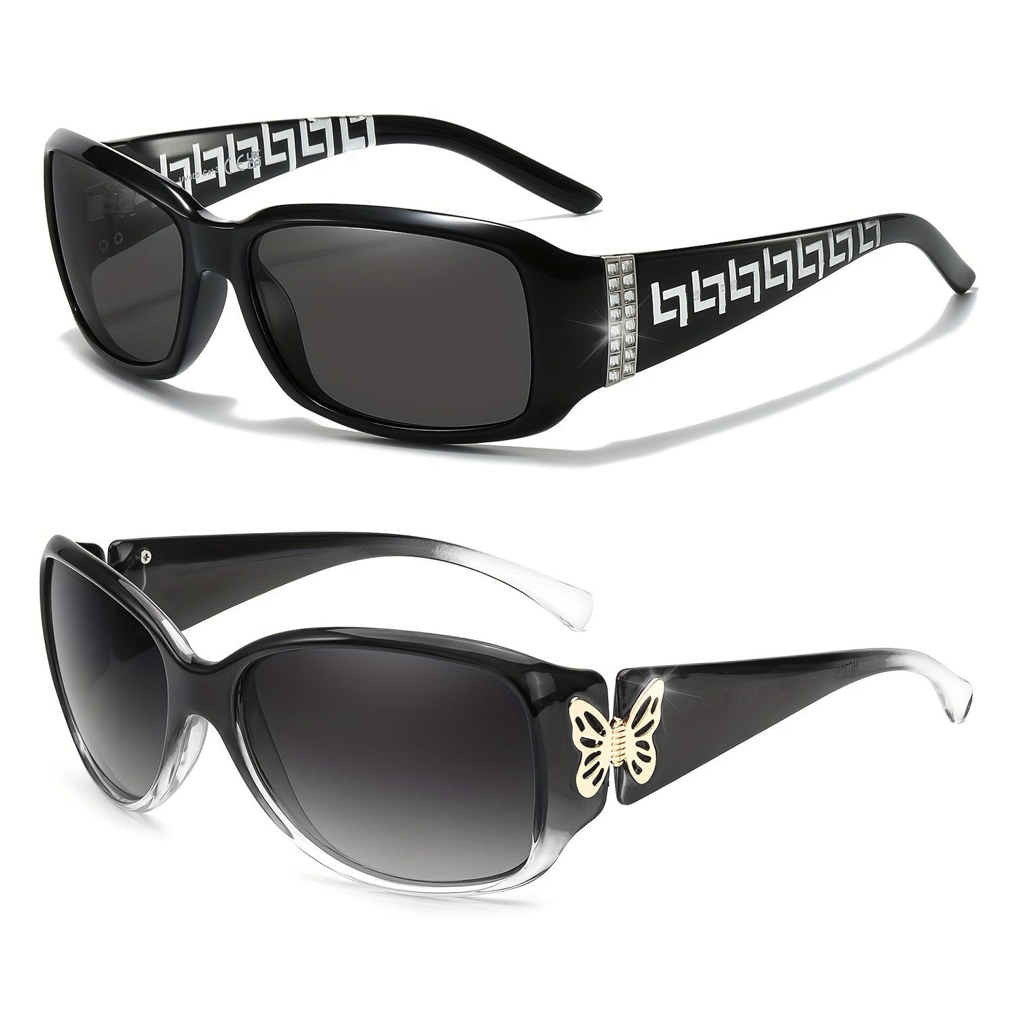 2PCS Women's Polarized Sunglasses UV400 – Butterfly & Heart Wrap-Around Jackie-O Style Trendy Fashion Eyewear for Driving, Beach & Outdoor, Multiple Colors Available