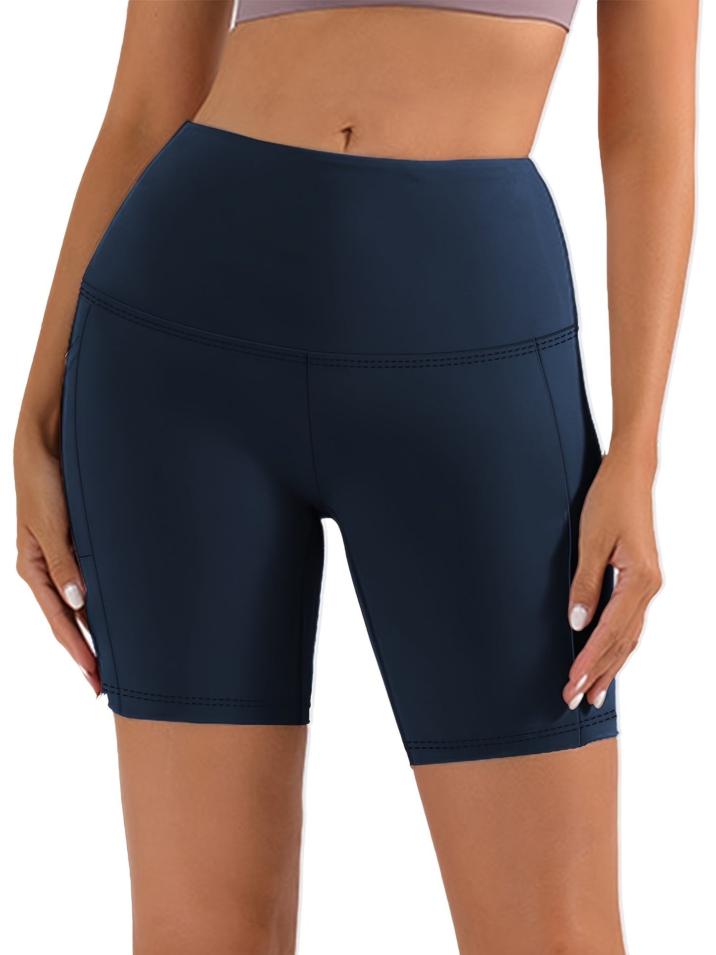 Women's High Waist Yoga Shorts – 4-Way Stretch Sweat-Wicking Athletic Shorts with Elastic Waistband & Side Pockets for Running, Cycling & Training – Black, Dark Gray & Navy, Sizes S-XXL