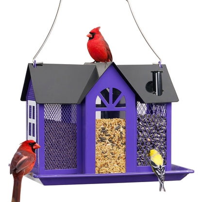 Wild Bird Feeder House for Outside with Triple Feeding Stations – Metal Mesh Weatherproof Bird Feeder for Finch, Cardinal & Chickadee, Large Capacity Outdoor Hanging Bird Feeder, Gift for Bird Lovers