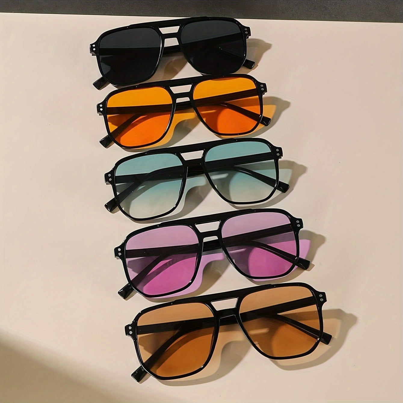 Pilot Square Sunglasses 5pcs Set Large PC Frame UV Protection Unisex Fashion Casual Eyewear for Men and Women Black Frame Multicolor Lenses