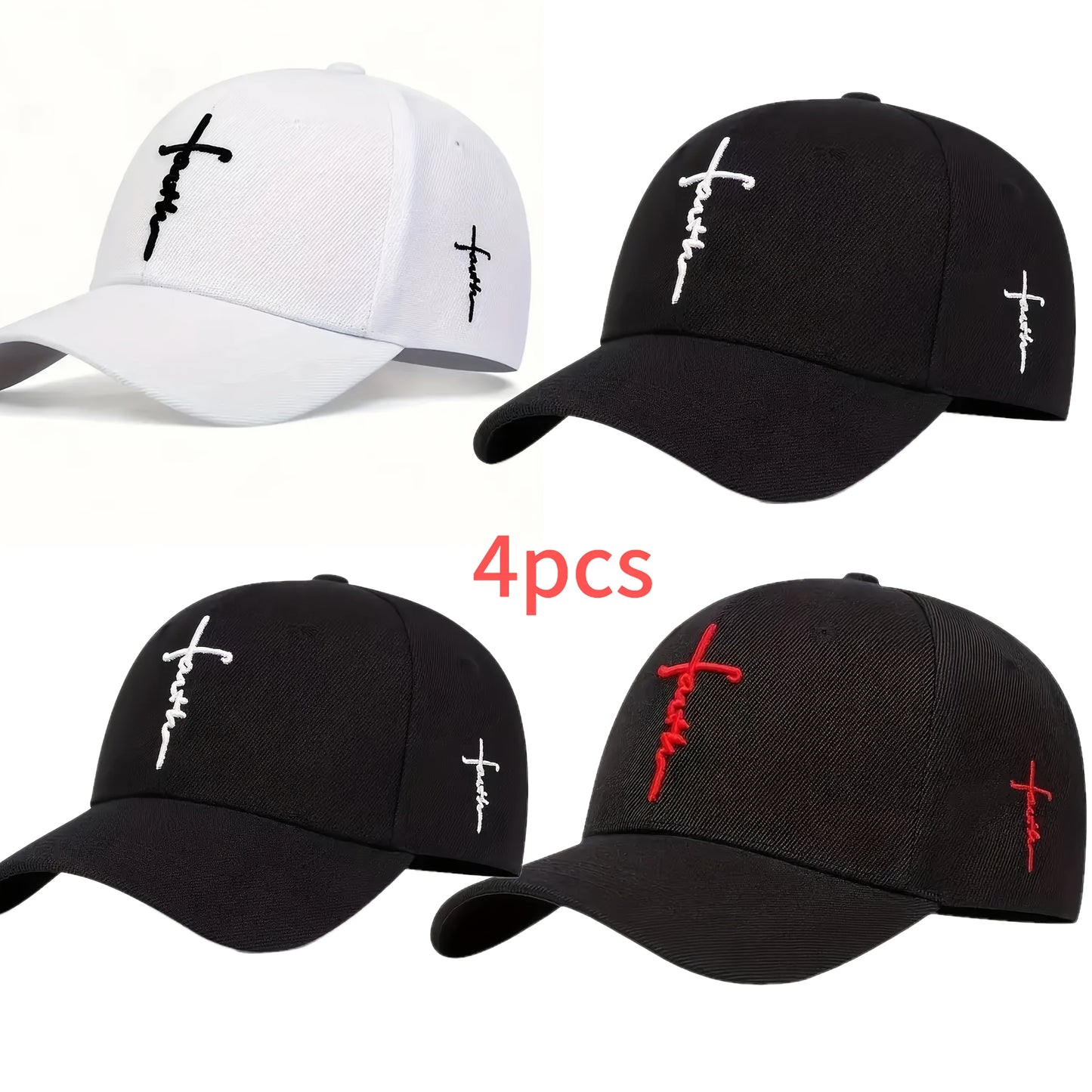 4 Pack Cross Embroidered Baseball Cap – Unisex Adjustable Snapback Sun Hat, Lightweight 100% Polyester Outdoor Travel Beach Game Day Hat for Women & Men