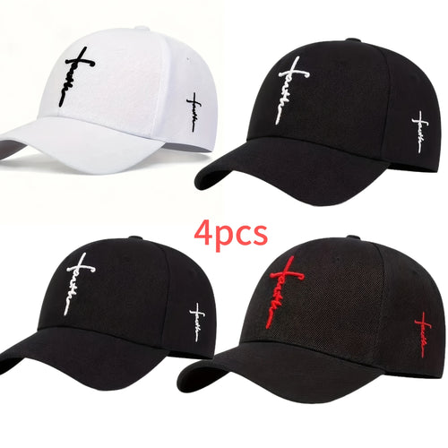 4 Pack Cross Embroidered Baseball Cap – Unisex Adjustable Snapback Sun Hat, Lightweight 100% Polyester Outdoor Travel Beach Game Day Hat for Women & Men