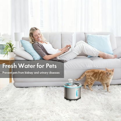 NPET WF210 Stainless Steel Cat Water Fountain 50oz – Ultra Quiet Automatic Pet Water Dispenser with LED Light, Visible Water Window & Dishwasher Safe 304 Steel, Optional Filter Bundles for Cats Dogs