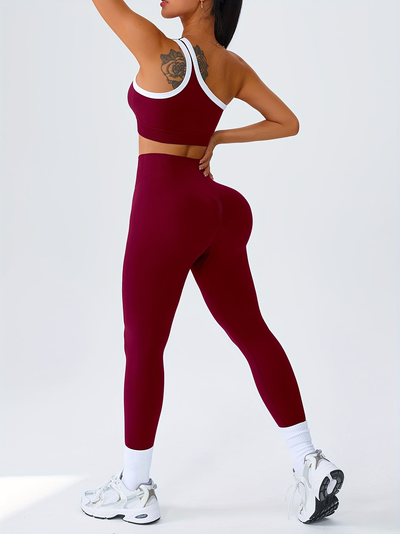 Women's 2-Piece High-Waisted Butt-Lifting Leggings & Sports Bra Set – 90% Polyamide Stretchy Minimalist Yoga Running Workout Outfit with Camisole Top, Solid Color, S-XL