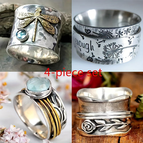 4pcs Men's Retro Patterned Ring Set Classic Vintage Exquisite Gentleman Rings Luxurious Fashion Jewelry Sizes 7 8 9 10 11 Gift for Him