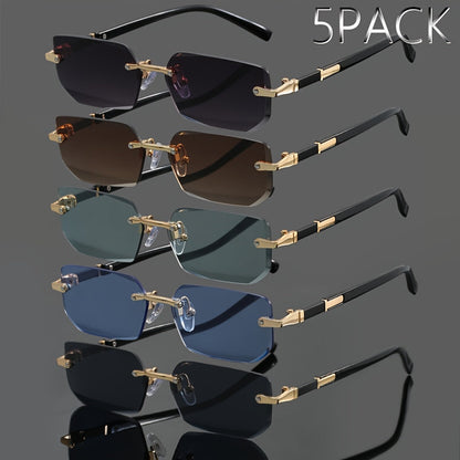 5pcs Frameless Metal Sunglasses Set for Men & Women – Rimless Lightweight Trendy Glasses in Assorted Styles, UV Protection Eyewear for Summer Parties, Street Style & Holiday Gifting