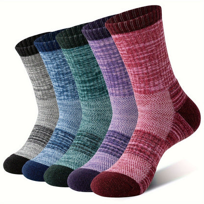 Merino Wool Hiking Socks 5 Pairs – Cushioned Compression Support, Sweat-Absorbing Breathable Thick Socks for Women & Men, Outdoor Hiking Trail Running Camping – Multicolor, Dark & Earth Tones, M & L