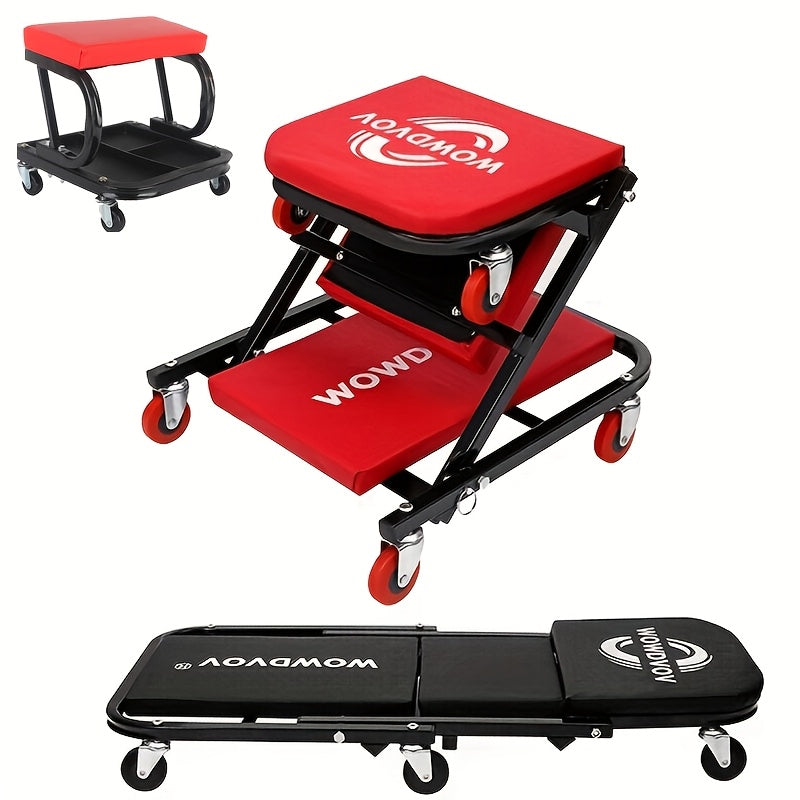 Mechanic Creeper Seat & Auto Repair Bench 3-in-1 – Foldable Z-Shaped Garage Stool with 500 Lb Capacity, 6 Wheel Rollers, Adjustable Lying, Sitting & Leaning Positions for Car Repair & Workshop