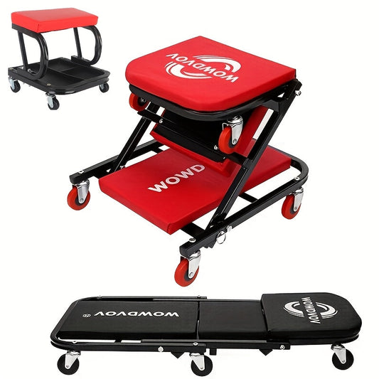 Mechanic Creeper Seat & Auto Repair Bench 3-in-1 – Foldable Z-Shaped Garage Stool with 500 Lb Capacity, 6 Wheel Rollers, Adjustable Lying, Sitting & Leaning Positions for Car Repair & Workshop