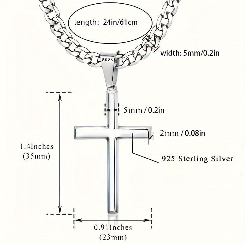 S925 Sterling Silver 5mm Cuban Chain Cross Pendant Necklace 4g – 22in/24in, Gift Box Included, Faith Jewelry for Men & Women, Anniversary, Christmas & Birthday Gift