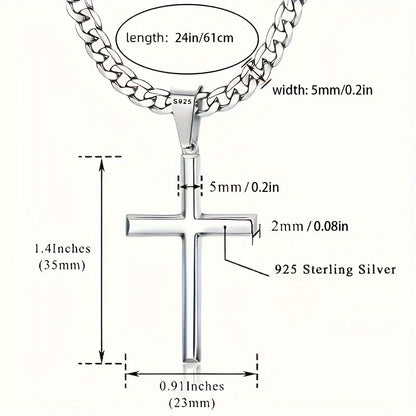 S925 Sterling Silver 5mm Cuban Chain Cross Pendant Necklace 4g – 22in/24in, Gift Box Included, Faith Jewelry for Men & Women, Anniversary, Christmas & Birthday Gift