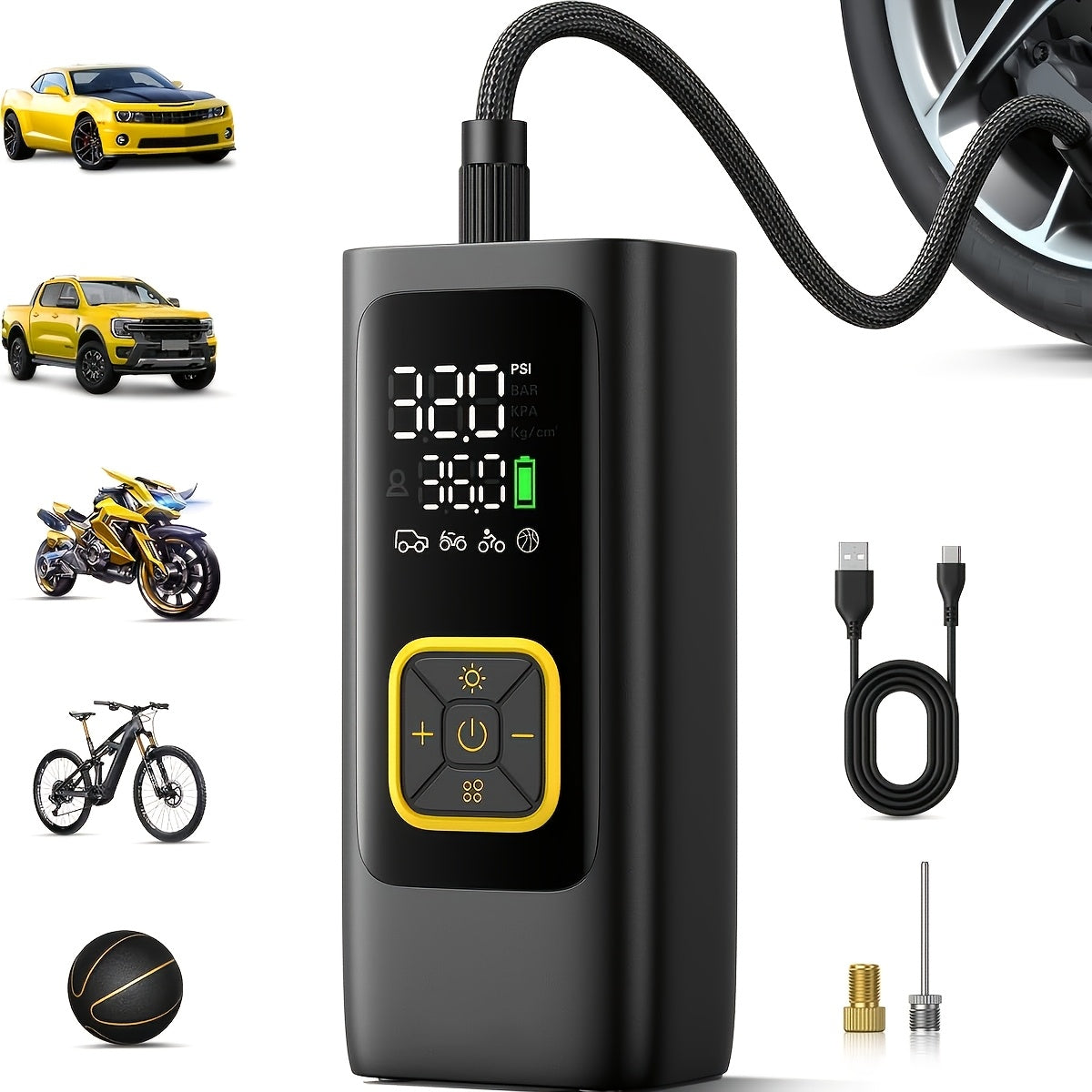 Portable Tire Inflator 210PSI Cordless with Digital Pressure Gauge, Rechargeable Battery & LED Light – Wireless Air Pump for Car, Motorcycle, Bicycle & Sports Balls – Velora