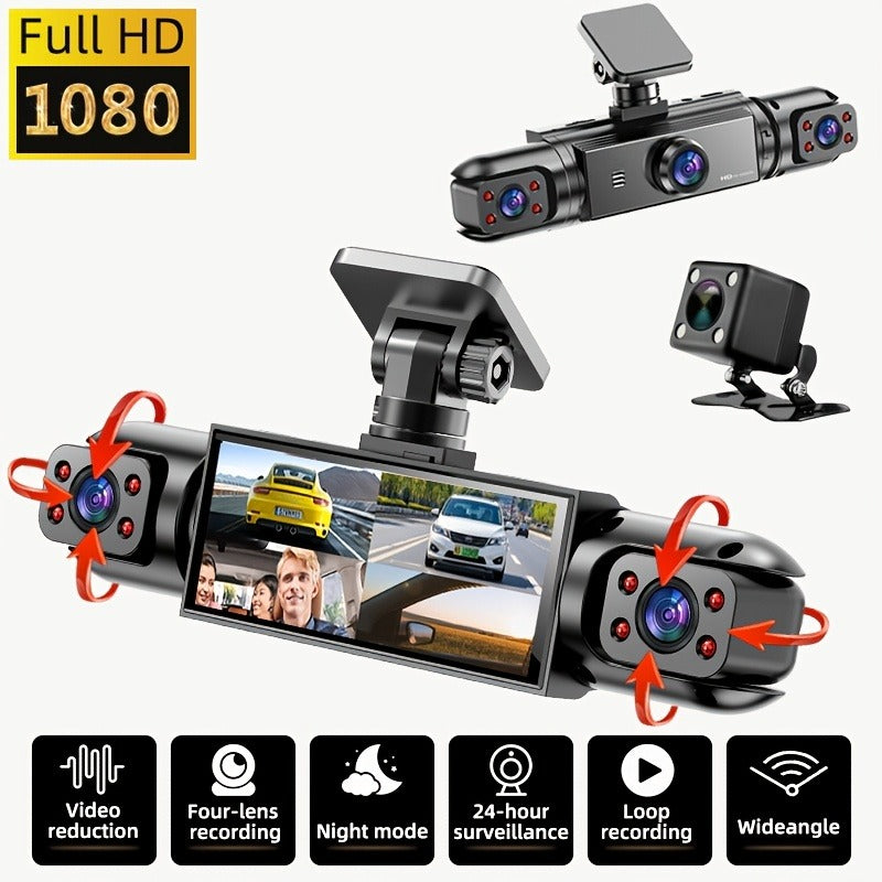 360° 4-Channel Dash Cam 1080P Full Coverage – Front 1080P + 720P Front/Rear/Left/Right, Night Vision WDR G-Sensor Loop Recording, Car Driving Recorder with Optional 32GB/64GB TF Card
