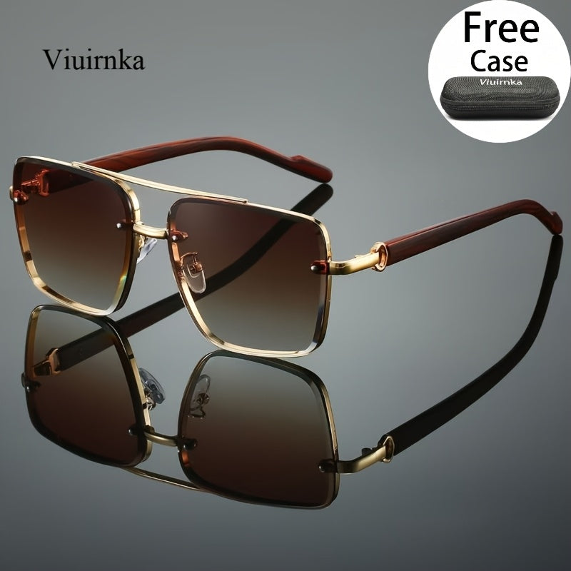 Square Retro Sunglasses for Men and Women Wood Grain Double Beam Design UV Protection Fashion Eyewear with Case for Driving Travel Beach Street Photography Holiday Gift 7 Color Options