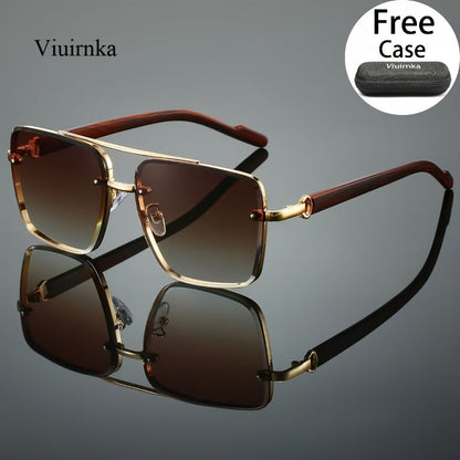 Square Retro Sunglasses for Men and Women Wood Grain Double Beam Design UV Protection Fashion Eyewear with Case for Driving Travel Beach Street Photography Holiday Gift 7 Color Options