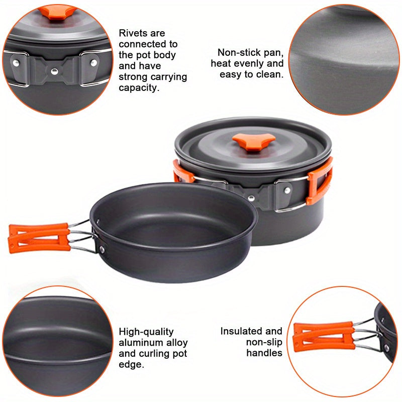 Portable Camping Cookware Set for 2-3 People – Nonstick Pot, Frying Pan & Kettle with Foldable Storage, Lightweight Outdoor Camp Kitchen Kit for Hiking, Backpacking & Travel