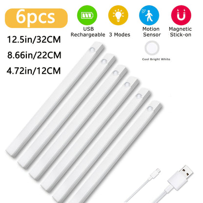 Motion Sensor LED Cabinet Light USB Rechargeable – Smart Wireless Under Cabinet Lighting, 3-Speed Dimming, Night Light for Kitchen, Bedroom, Closet, Stairs, Hallway – 6 Pack or 3 Pack