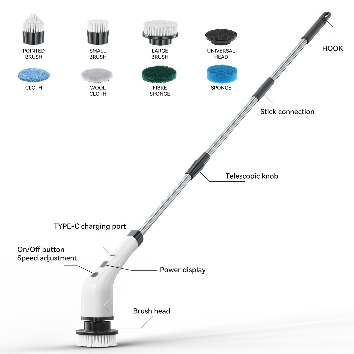 Multifunctional Electric Cleaning Brush 7-in-1 with Telescopic Long Handle – Cordless Power Scrubber for Bathroom, Kitchen, Floor & Tile, Household Cleaning Tool with Interchangeable Brush Heads