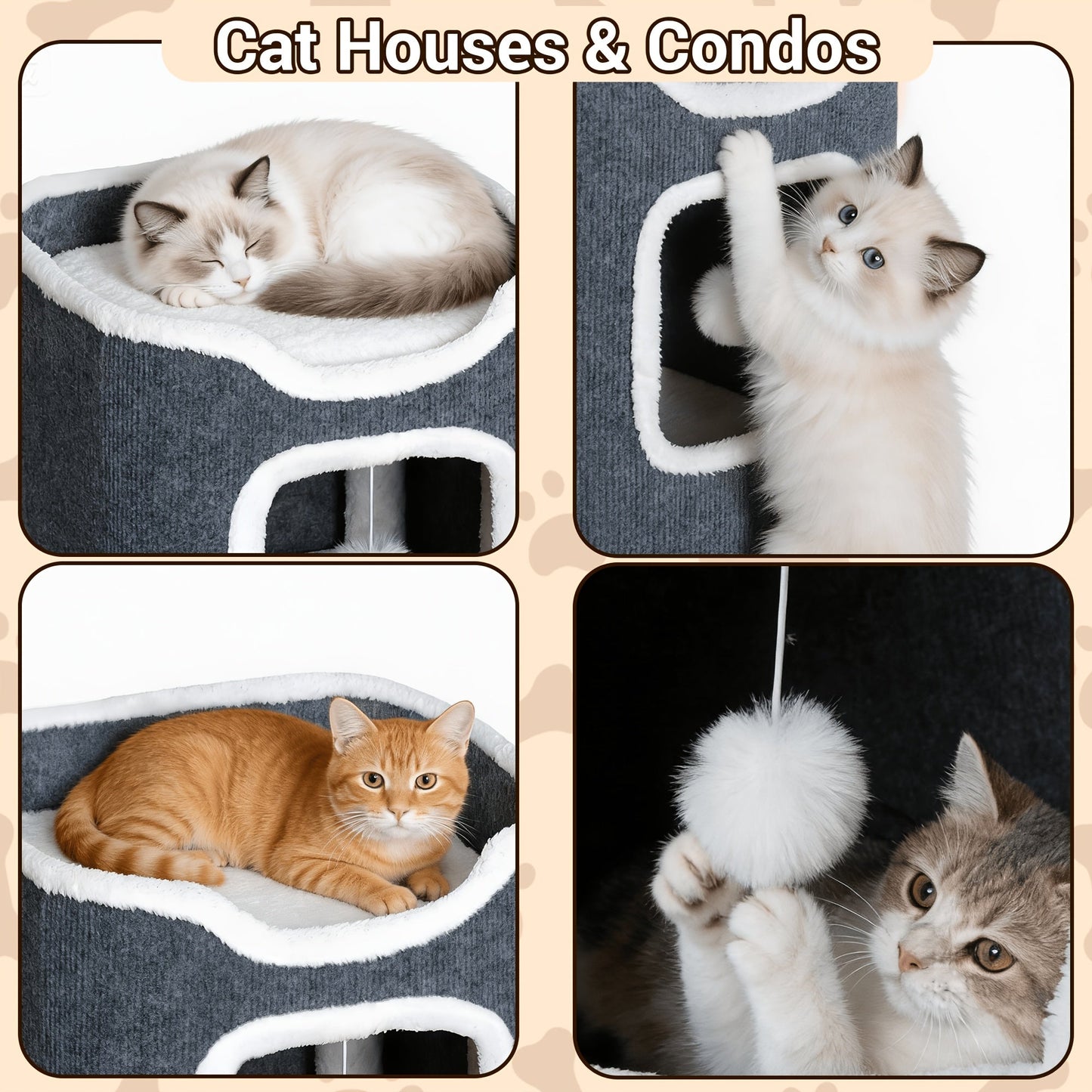 Multi-Level Foldable Cat Tree Tower for Indoor Cats – Scratching Post, Cozy Perch, Cat Condo with Hanging Toy Ball, Cat Hideaway, Soft Bed, 1/3/4 Tier Options