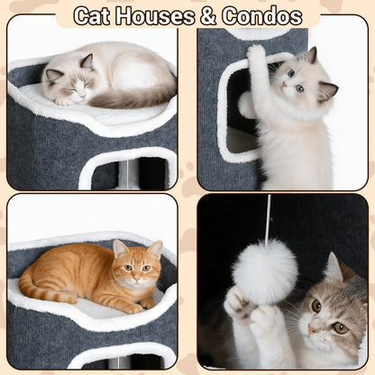 Multi-Level Foldable Cat Tree Tower for Indoor Cats – Scratching Post, Cozy Perch, Cat Condo with Hanging Toy Ball, Cat Hideaway, Soft Bed, 1/3/4 Tier Options