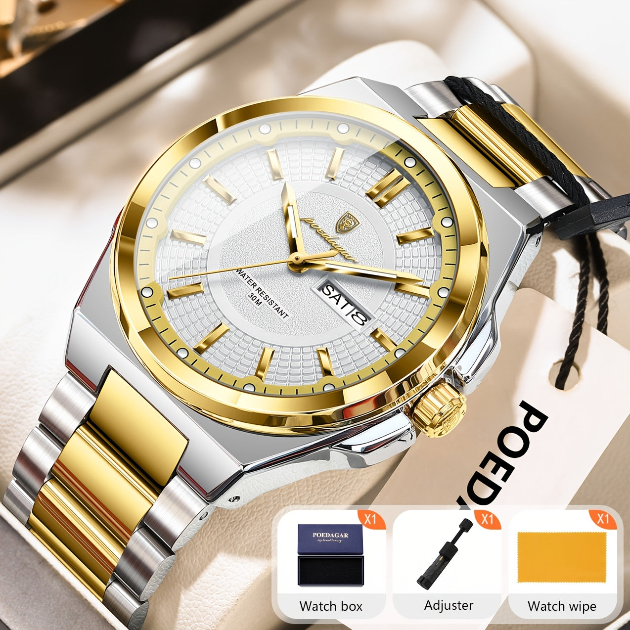 POEDAGAR Men's Quartz Watch Waterproof Luminous Stainless Steel Wristwatch with Weekly Calendar Display – Classic Elegant Design, Perfect Gift for Men, Multiple Color Options