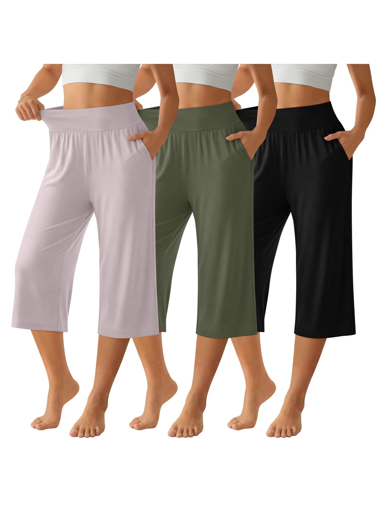 Women's Capri Pants 3-Pack – Loose Lounge Cropped Sweatpants Joggers with Pockets & Elastic Waist, Yoga Capri for Spring Summer Fall Casual Weekend Wear