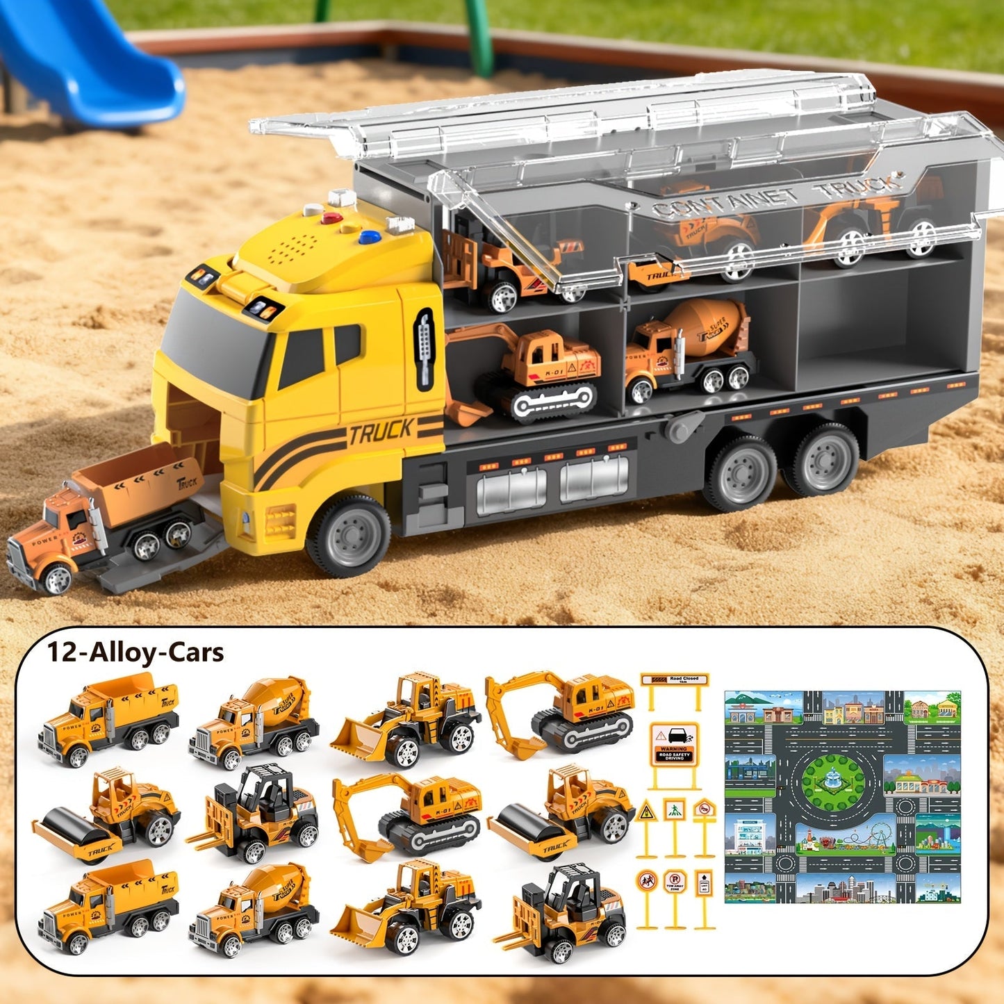 13-in-1 Construction Truck Toy Set with Die-Cast Cars, Play Mat & Transport Carrier – Kids Vehicle Playset for Ages 3+, Perfect Christmas & Birthday Gift