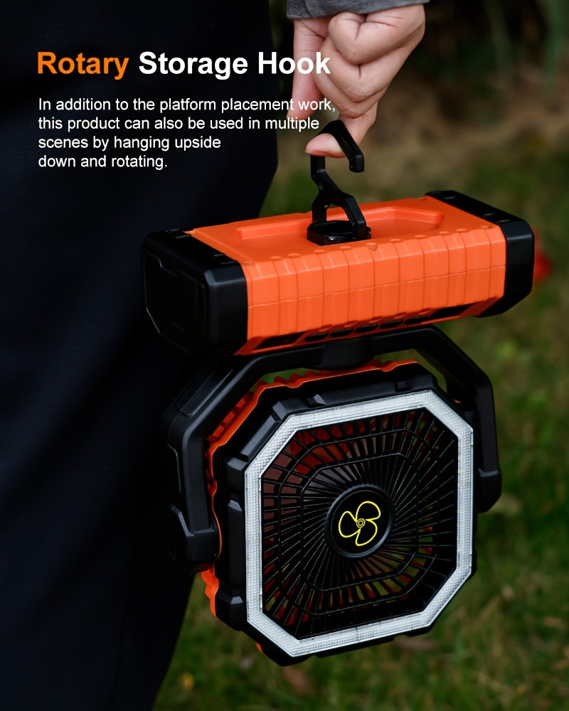 20000mAh Portable Camping Fan with LED Light – USB Rechargeable Outdoor Tent Fan for Hiking, Fishing & Camping – Durable Compact Design with Handle, Green & Orange