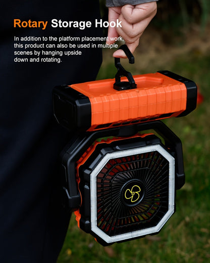 20000mAh Portable Camping Fan with LED Light – USB Rechargeable Outdoor Tent Fan for Hiking, Fishing & Camping – Durable Compact Design with Handle, Green & Orange