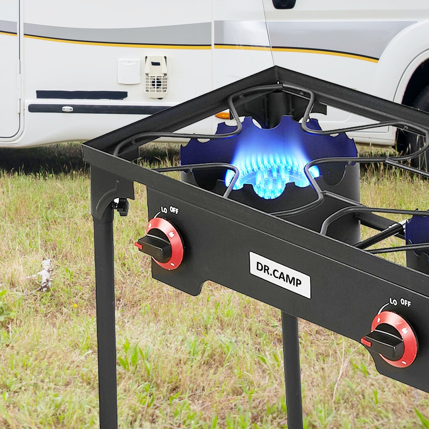 DR.CAMP Portable Propane Camping Stove – Heavy Duty Cast Iron Burner with Detachable Legs, Single & Double Burner Options, High Pressure Outdoor Gas Cooker for Camping, BBQ, Survival & Patio Cooking