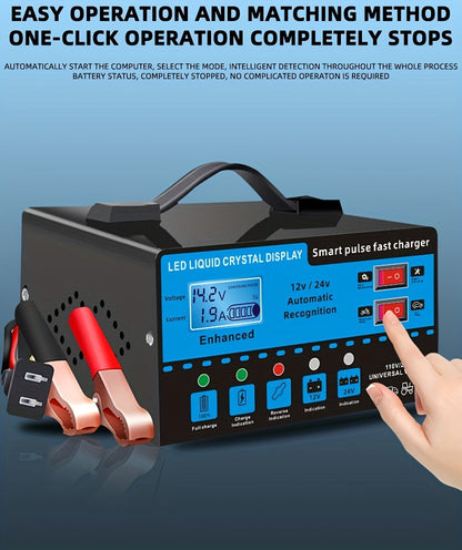 12V 24V Smart Battery Charger with LCD Display – Intelligent Trickle Charging, Overcharge & Short Circuit Protection, Universal Fit for Car, Truck, Motorcycle, Yacht & RV Batteries, Automatic Battery Maintainer & Conditioner