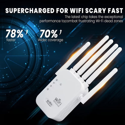 WiFi 6 Range Extender 1200Mbps Dual Band 2.4GHz 5GHz Mesh Network Booster 6 Antenna High Speed Signal Amplifier One-Click Setup Full Home Coverage for Smart TV Gaming Console Smartphone Tablet