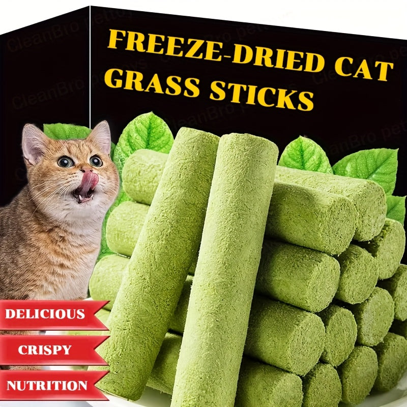 Cat Grass Sticks for Hairball Control – 3-in-1 Freeze-Dried Catnip Treats with Instant Granules & Hair Cream Tablets for Indoor Cats, Natural Hairball Remedy, 15 Count & 15-Pack Bundle