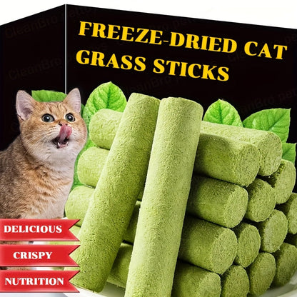 Cat Grass Sticks for Hairball Control – 3-in-1 Freeze-Dried Catnip Treats with Instant Granules & Hair Cream Tablets for Indoor Cats, Natural Hairball Remedy, 15 Count & 15-Pack Bundle