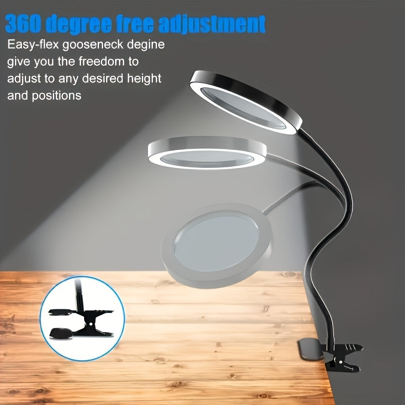 Diamond Painting Magnifier LED Clamp Lamp 10X Hands-Free – USB 5V, 3 Color Modes, 10 Brightness Levels, 18'' Flexible Gooseneck, Clamp Desk Light for Crafts Sewing Jewelry Embroidery Reading