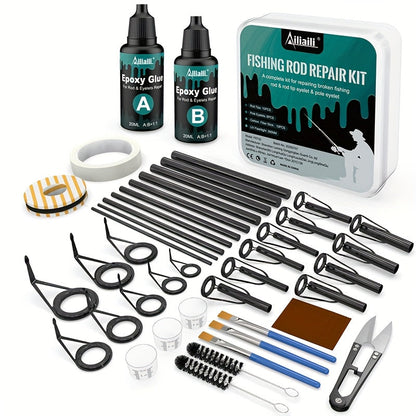 Fishing Rod Repair Kit Complete Set – Tip Top Rings, Rod Guides, AB Epoxy Glue, Winding Thread & Textured Paper, Full Replacement Supplies for Broken Rods