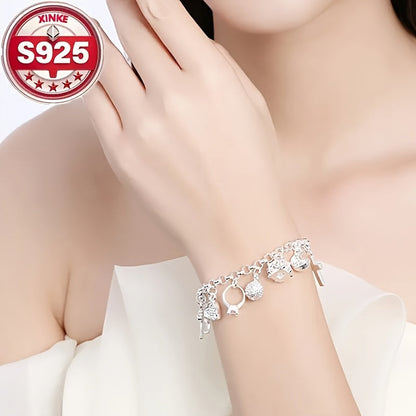 925 Sterling Silver Charm Bracelet for Women - Vintage CZ Cubic Zirconia Inlay Lightweight 2.5g Elegant Wrist Jewelry for Daily Wear, Music Festivals, Birthday & Holiday Gifts