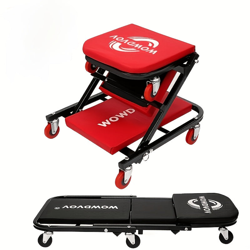 Foldable 2-in-1 Mechanic Creeper & Rolling Seat 300LB | 36 Inch Z-Crawler with 6 Swivel Wheels, Adjustable Headrest, Folding Car Repair Creeper for Garage Workshop – Black & Red