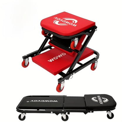 Foldable 2-in-1 Mechanic Creeper & Rolling Seat 300LB | 36 Inch Z-Crawler with 6 Swivel Wheels, Adjustable Headrest, Folding Car Repair Creeper for Garage Workshop – Black & Red